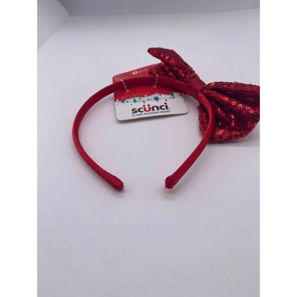 Scunci Red Sequin Bow Headband Girls OS Red Holiday Christmas Party‎ Sparkle